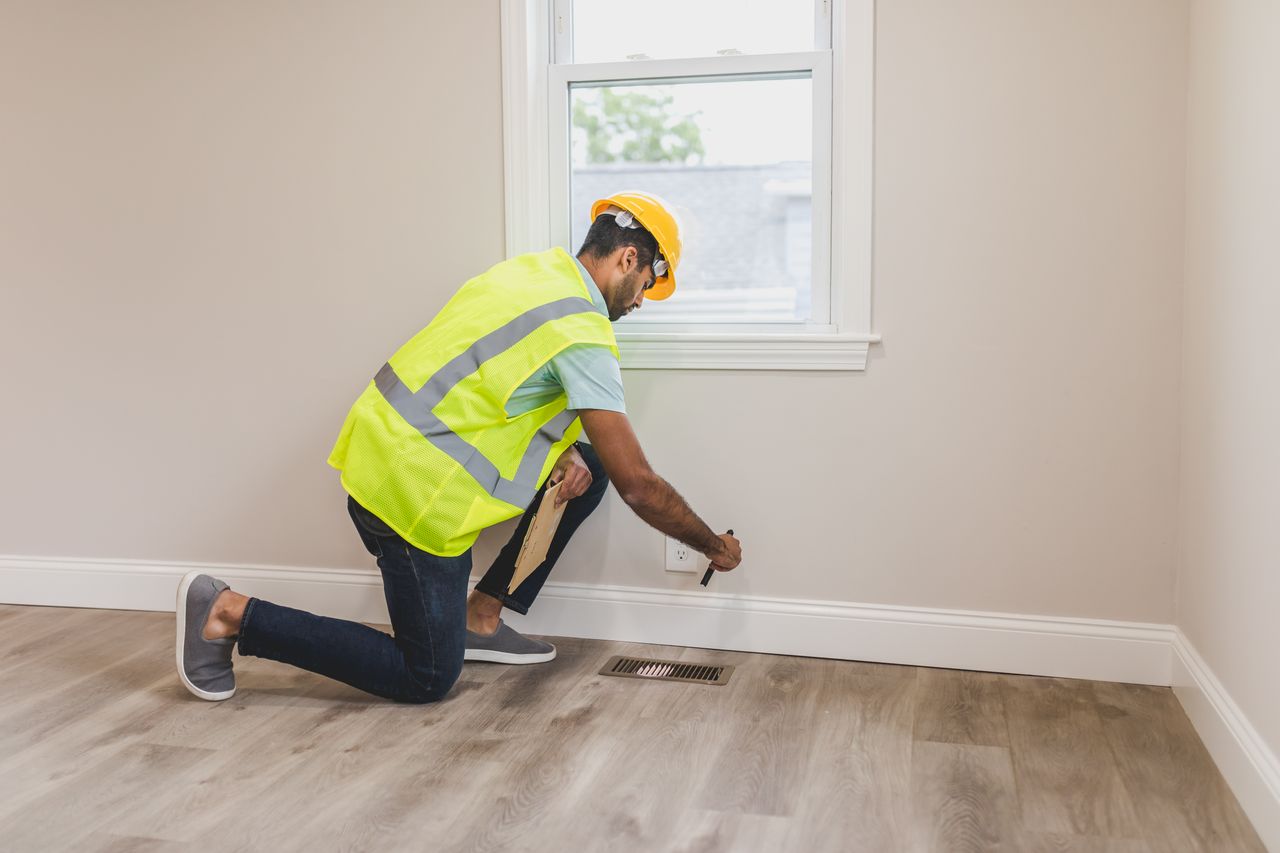 The Art of Drawing Readers In: Your attractive post title goes here Worker in safety gear inspecting a room's corner for renovation or improvement.